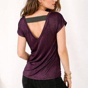 Stella & Dot Metallic Plum V Back Top Small Shimmer Date Night Going Out Top